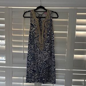 Navy & White Embroidered Sleeveless Shift Dress